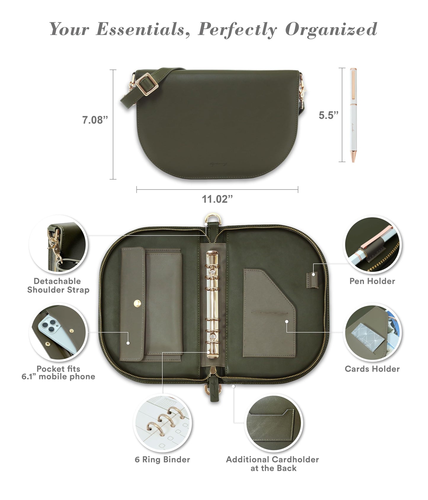 EGOSUNNY The Luna Premium Leather Journal Cover with 48 Sheets of Refill Paper & A Metal Ballpoint Pen - Compatible with A6 6-Ring Binder - Gift for Women - Journal Gift Set for Birthday