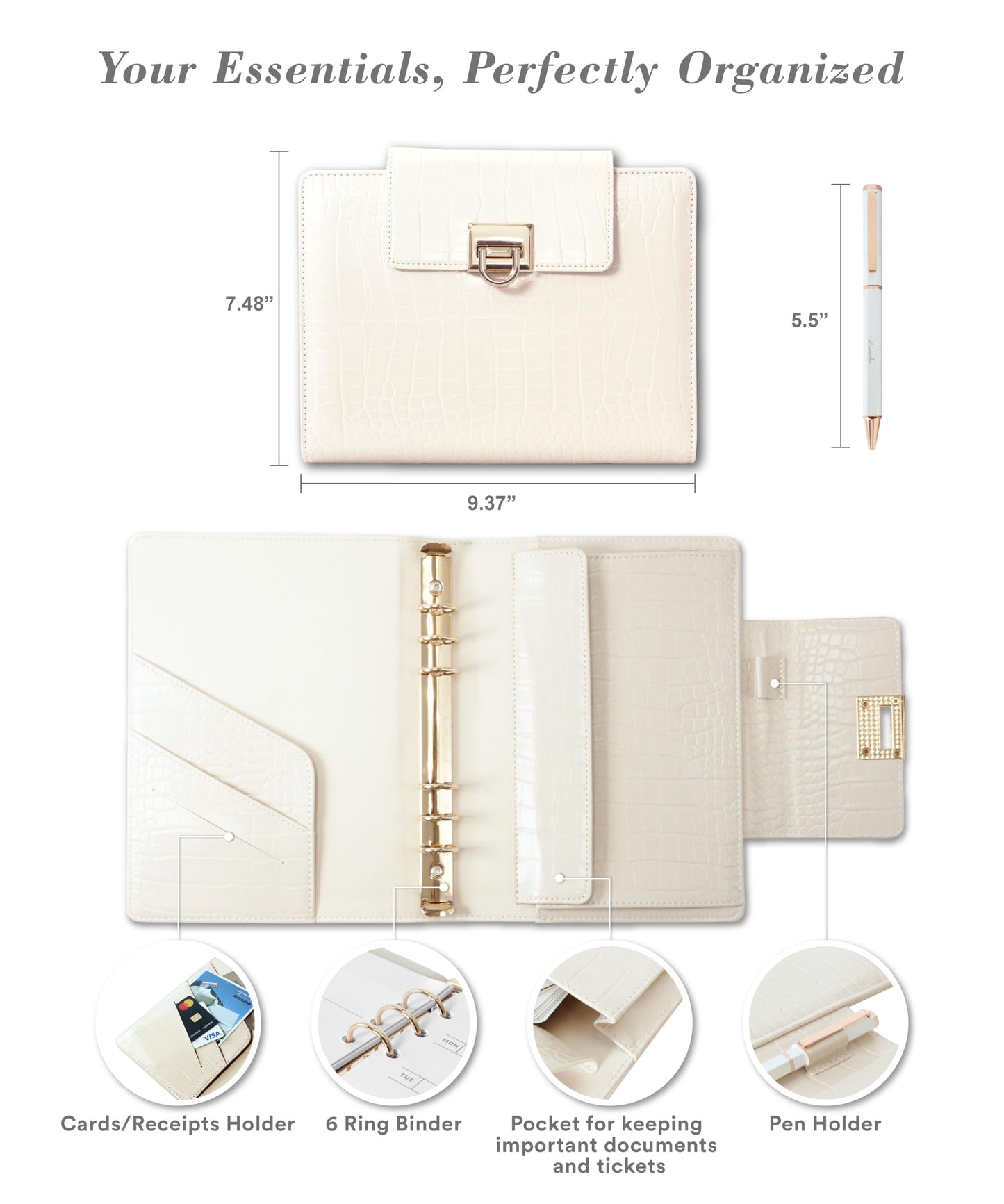 Crocodile Leather A5 6-Ring Binder Cover with 80 Inserts & Metal Pen – Pearl White