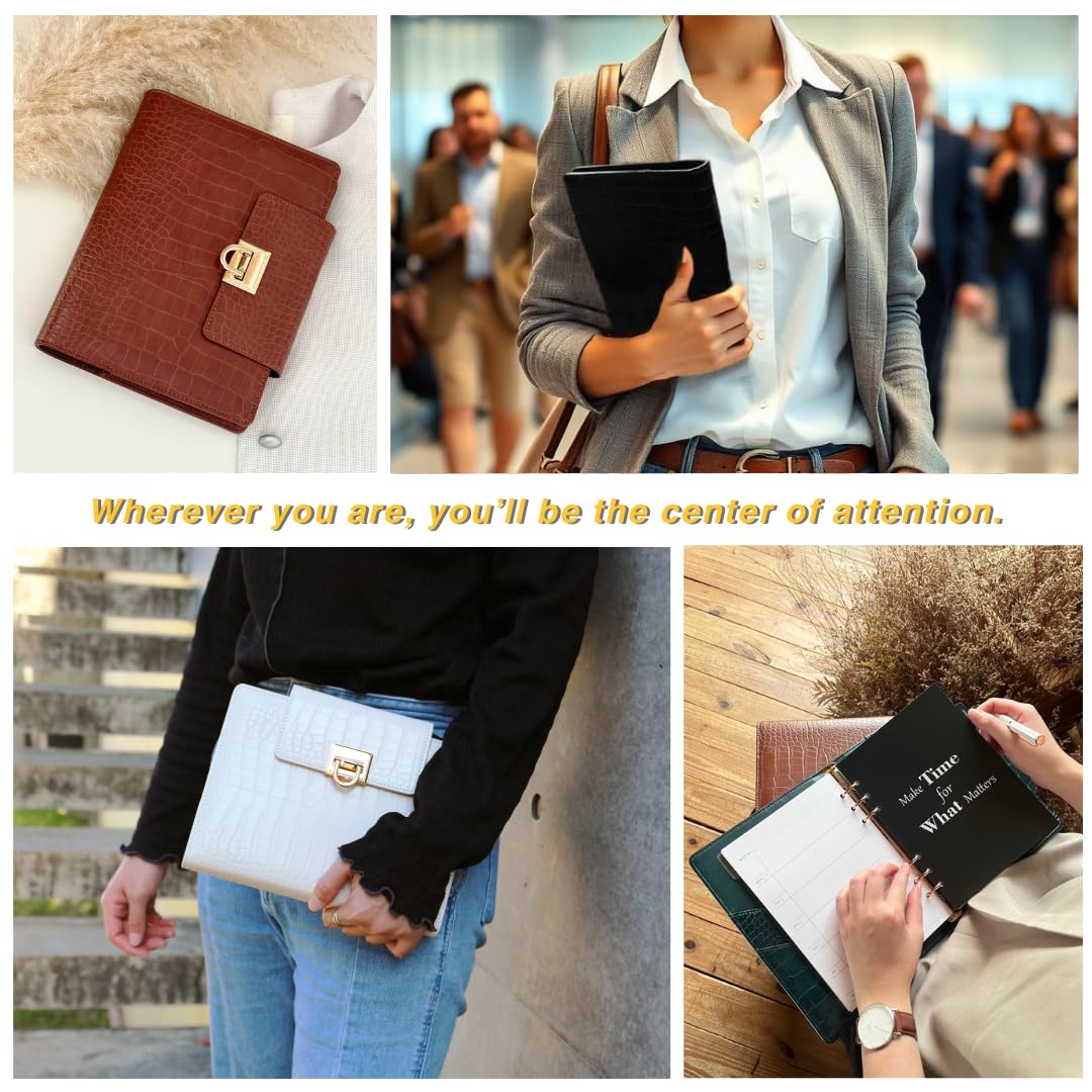 Crocodile Leather A5 6-Ring Binder Cover with 80 Inserts & Metal Pen – Coffee Brown
