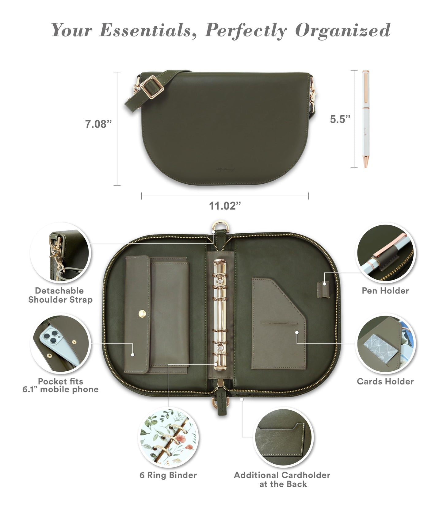 EGOSUNNY The Luna Premium Leather Journal Cover with 3 Detachable Notebooks & A Metal Ballpoint Pen - Compatible with A6 6-Ring Binder - Gift for Women - Journal Gift Set for Birthday