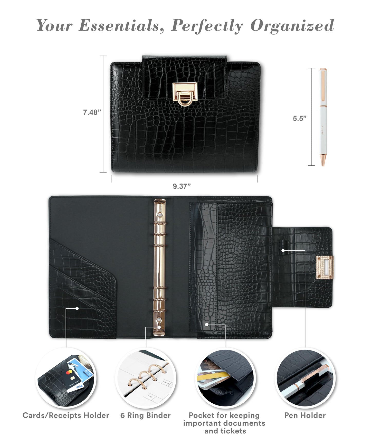 Crocodile Leather A5 6-Ring Binder Cover with 80 Inserts & Metal Pen –Mysterious Black