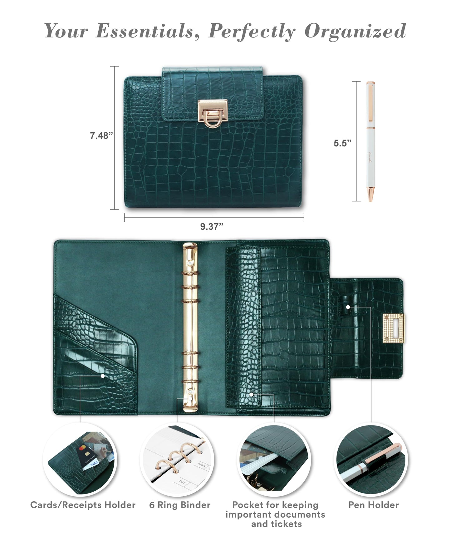 Crocodile Leather A5 6-Ring Binder Cover with 80 Inserts & Metal Pen – Emerald Green