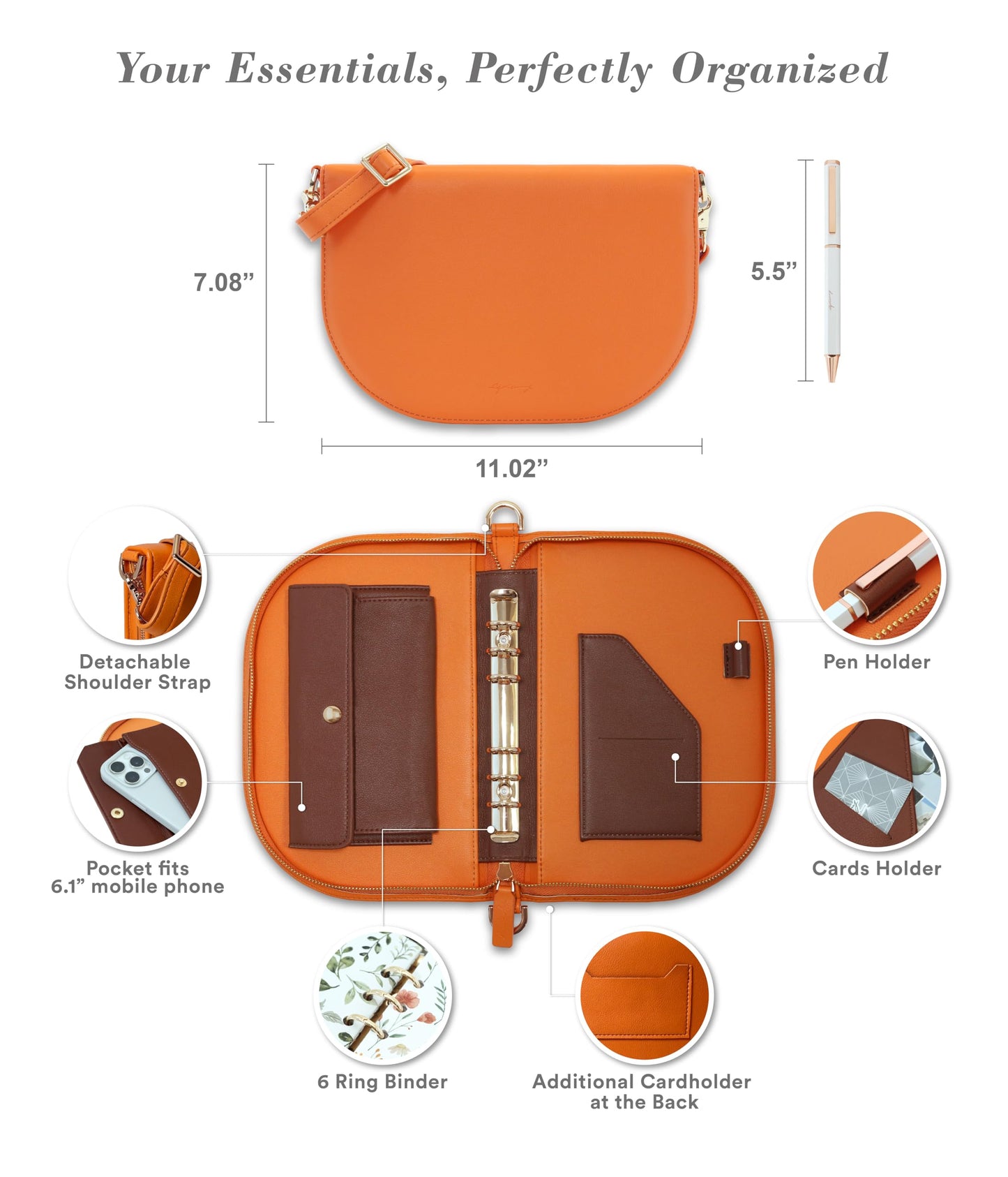 EGOSUNNY The Luna Premium Leather Journal Cover with 3 Detachable Notebooks & A Metal Ballpoint Pen - Compatible with A6 6-Ring Binder - Gift for Women - Journal Gift Set for Birthday