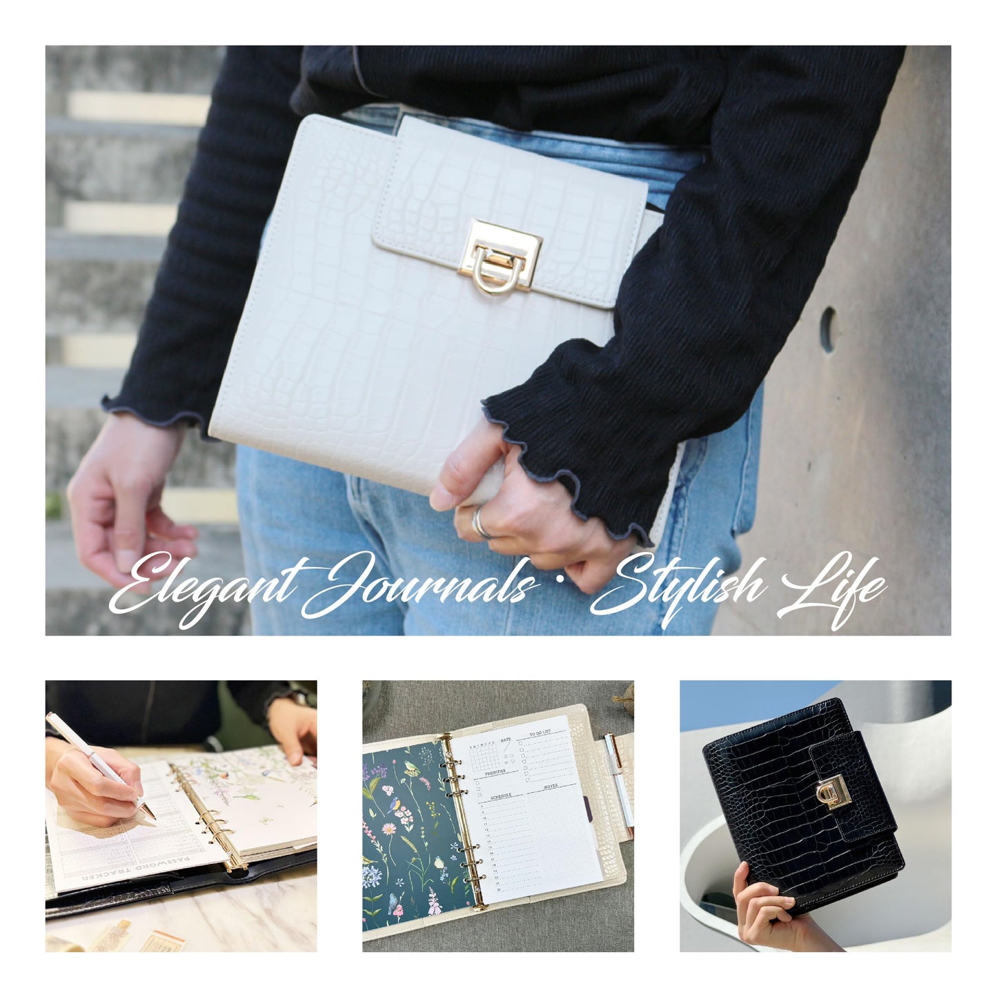 Crocodile Leather A5 6-Ring Binder Cover with 80 Inserts & Metal Pen – Pearl White