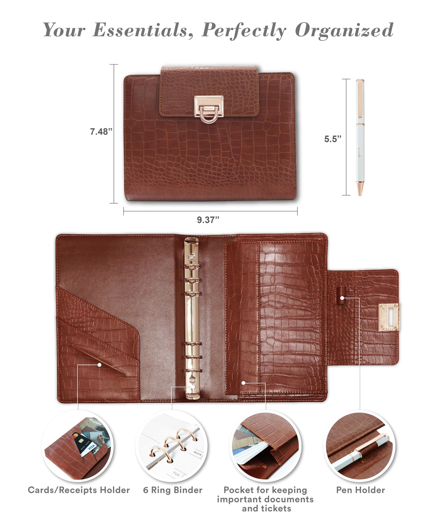 Crocodile Leather A5 6-Ring Binder Cover with 80 Inserts & Metal Pen – Coffee Brown