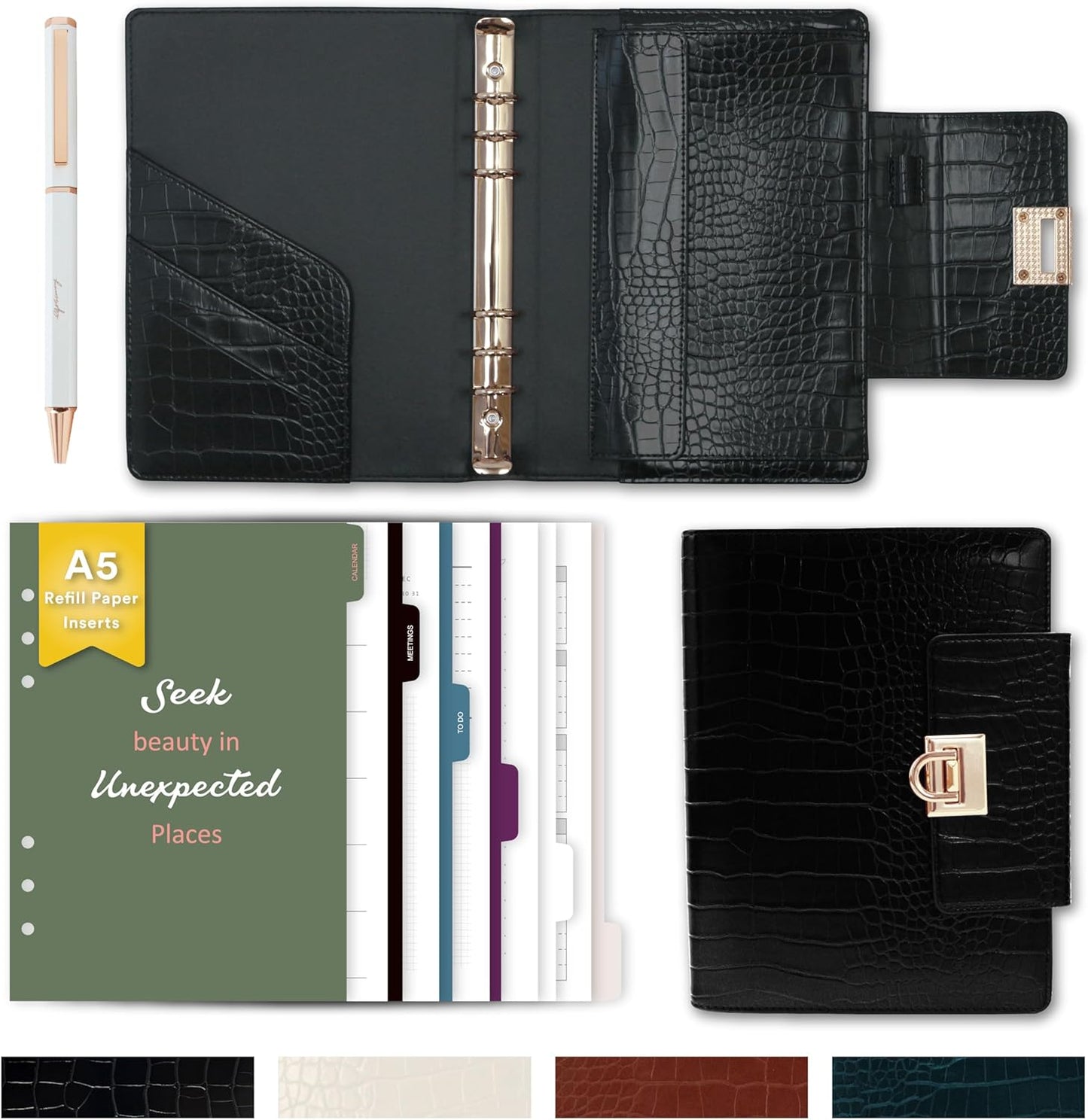 Crocodile Leather A5 6-Ring Binder Cover with 80 Inserts & Metal Pen –Mysterious Black
