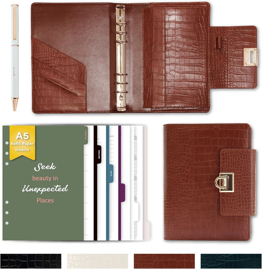 Crocodile Leather A5 6-Ring Binder Cover with 80 Inserts & Metal Pen –  Coffee Brown