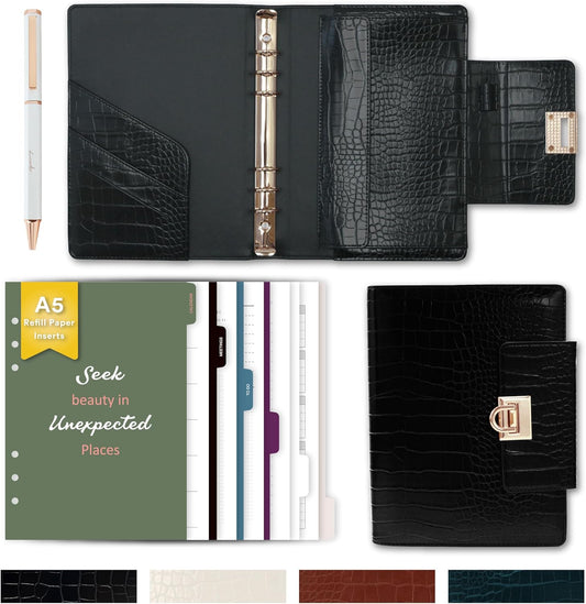 Crocodile Leather A5 6-Ring Binder Cover with 80 Inserts & Metal Pen –Mysterious Black