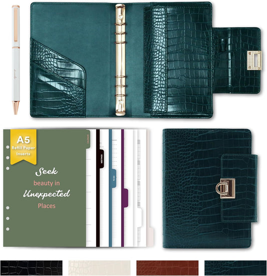 Crocodile Leather A5 6-Ring Binder Cover with 80 Inserts & Metal Pen – Emerald Green
