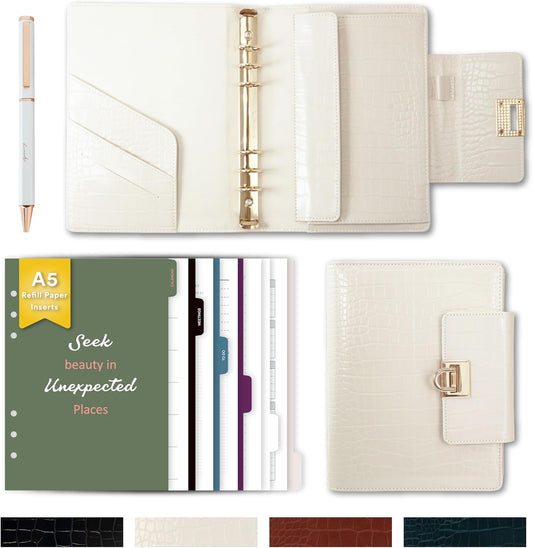 Crocodile Leather A5 6-Ring Binder Cover with 80 Inserts & Metal Pen – Pearl White